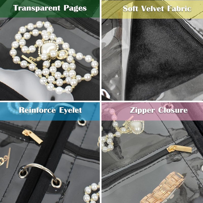 LingLingo Travel Jewelry Organizer Case,Jewelry Bags for Traveling, Jewelry Binder with 24 Pcs Clear Zipper Velvet Pouches for Storing Earrings, Rings, Necklace, Bracelet, Watch (Black) - Image 5